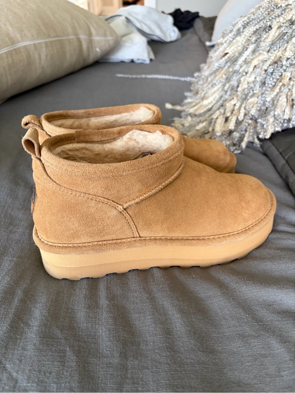 BearPaw Women's Tan Suede Shearling Lined Slip-On Booties